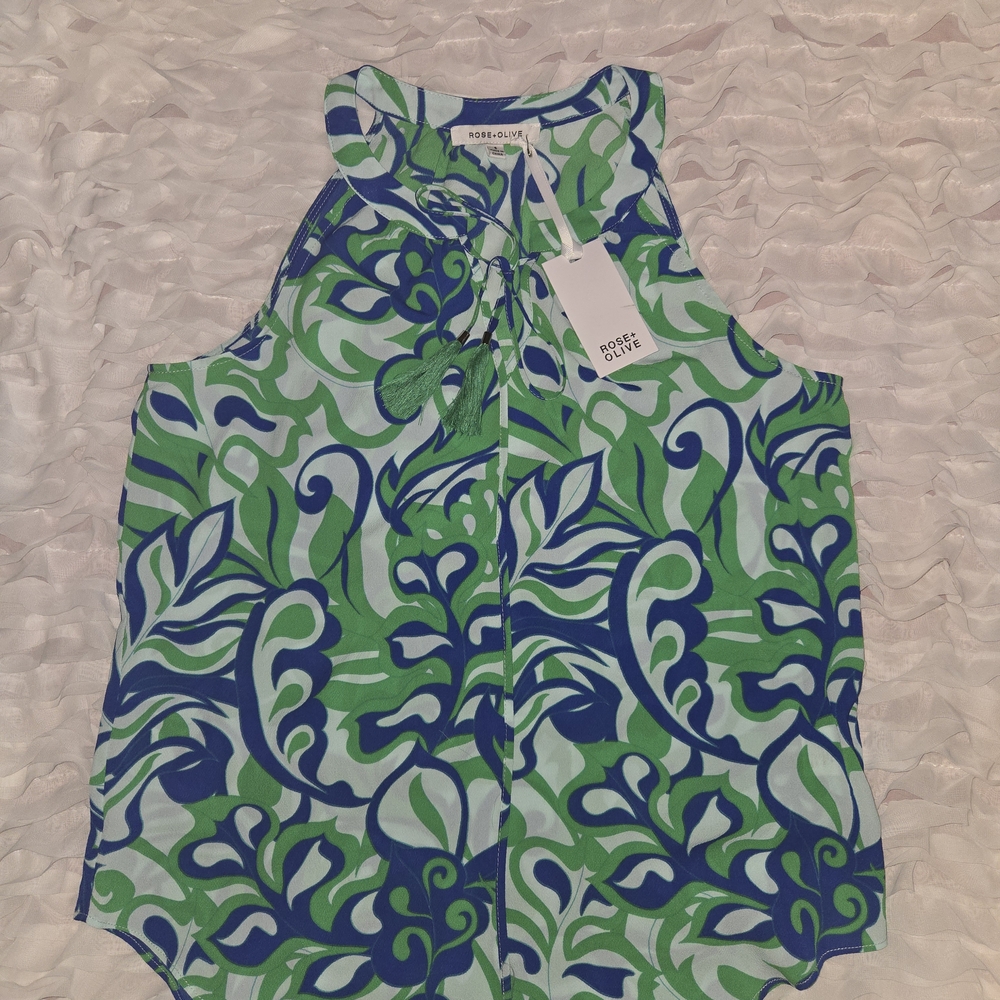 Rose & Olive Vibrant Green and Blue Leaf Print Blouse